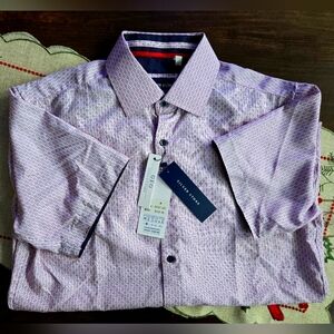 SILVER STONE Shirt Men Light PurpleWhite  Short Sleeve Button Up Modern Fit Sz M